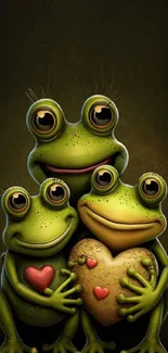 Charming trio of frogs with hearts, perfect for mobile wallpaper.