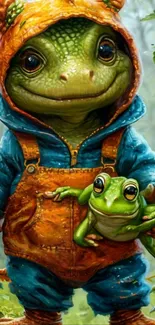 Cute frog with baby frog in colorful attire in a forest setting.