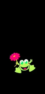 Cartoon frog with a pink flower on a black background.