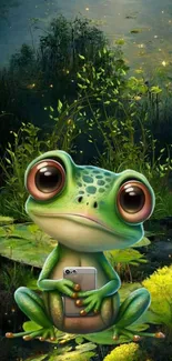 Cute frog with smartphone in a mystical forest scene.