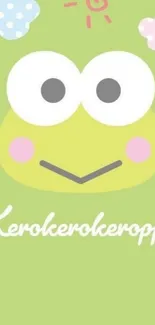 Cute Kerokerokeroppi frog on light green wallpaper.