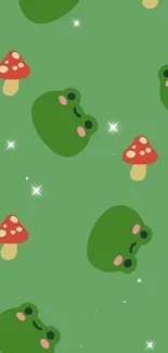 Green wallpaper with cute frogs and red mushrooms pattern.