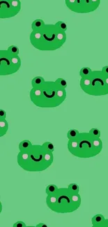 Cute green wallpaper with smiling frog faces.