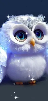 Frosty white owl with blue eyes and icy crystal crown on dark blue background.