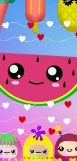 Cute cartoon fruit wallpaper with vibrant colors and playful hearts.