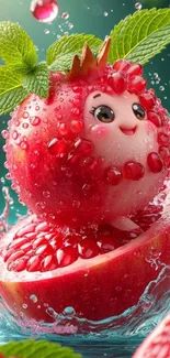Cute fruit character in vibrant fantasy setting.