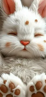 Adorable fluffy white bunny with closed eyes and pink ears.