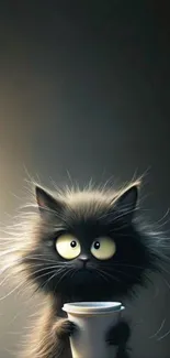 An adorable fluffy black cat holding a coffee cup.