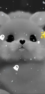 Cute furry cat with ghost icons and sparkles on mobile wallpaper.