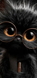 Adorable furry black cat with large glasses