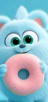 Cute fluffy character with donut in hand, vibrant blue and pink colors.