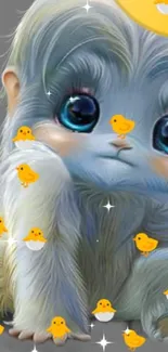 Cute furry creature with big blue eyes and yellow chicks on a gray background.