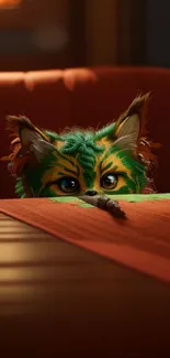 Colorful creature with furry ears peeking over an orange table.