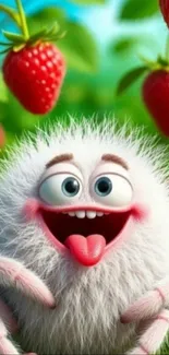 Cute furry creature among strawberries, smiling joyfully.