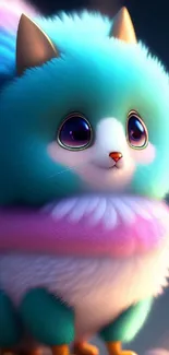 Cute furry creature with turquoise fur and big eyes.