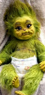 Cute green furry creature with spiky hair in a diaper.