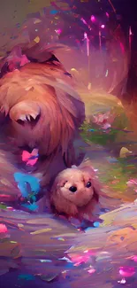 Cute furry creatures in a colorful fantasy forest wallpaper.