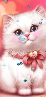 Adorable kitten with pink heart bow on artistic pink background.