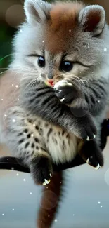 Adorable fluffy kitten perched on a branch.