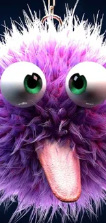 Purple fuzzy monster with big green eyes on a dark background.