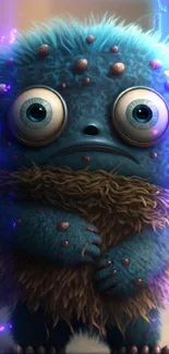 Vibrant blue furry monster with large eyes in a whimsical setting.