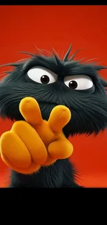 Cute furry monster with orange fingers on a red background.