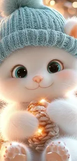 Cute furry creature with winter hat and glowing pine cone.