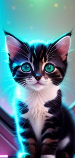 Futuristic neon glowing kitten in vibrant sci-fi setting wallpaper.