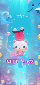 Cute cartoon cat floating in a futuristic neon cityscape.