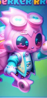 Colorful cartoon robot with pink tones and futuristic design.