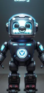 Cute robot with a futuristic design on a blue background.