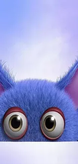 Blue furry creature with big eyes peeking over a wall.