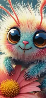 Adorable fuzzy creature with big eyes and colorful fur on a flower.