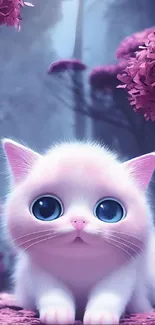 Adorable fluffy kitten in a purple forest scene.