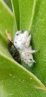 Close-up of a fuzzy white spider on a green leaf.