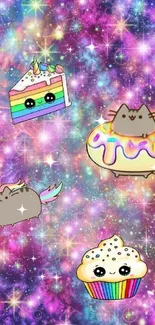 Galaxy-themed wallpaper with cute cats and colorful desserts.