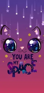 Cute galaxy-themed cat wallpaper with cosmic eyes on a purple-pink gradient background.