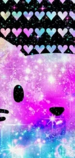 Vibrant galaxy cat wallpaper with pink hearts and stars.