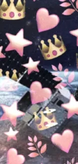 Cute wallpaper with crowns and stars in a galaxy theme.