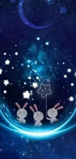 Cute galaxy wallpaper with rabbits, stars, and moon in deep blue hues.