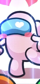 Cute gaming character with heart visor on pink background.