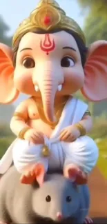 Cute Ganesha sits on a mouse with a serene background.