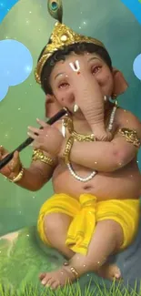 Cute Ganesh playing flute with serene background.