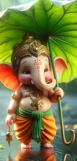 Cute Ganesh under a green umbrella in a colorful mobile wallpaper.