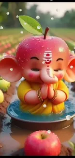 Cartoon Ganesh with apple head in a lush orchard.