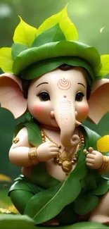 Adorable Ganesha with leafy attire on a green background.