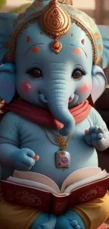 Cute blue Ganesha reading a book with colorful decorations.