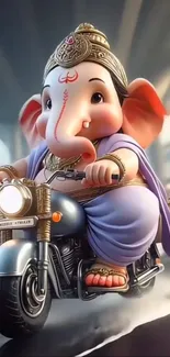 Lord Ganesha joyfully rides a motorcycle in this vibrant digital artwork.