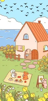 Cute garden house by the sea with animals and flowers.