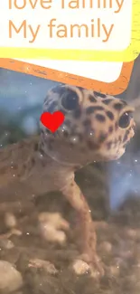 Adorable gecko with heart detail on natural backdrop.